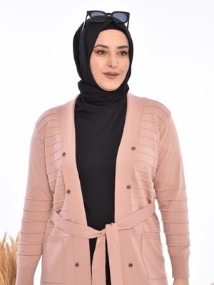 Kadin Hirka Tesettur Uzun V Yaka Orgu Desen Triko Pembe Kadin Hirka Tesettur Uzun V Yaka Orgu Desen Triko Pembe