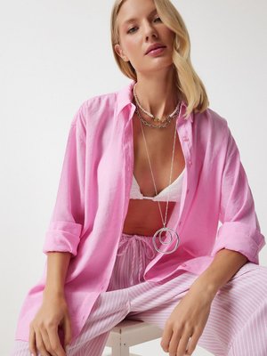 Pembe Oversize Uzun Keten Ayrobin Gömlek Pembe Oversize Uzun Keten Ayrobin Gömlek
