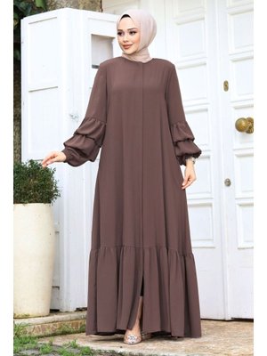 Kahverengi Çift Balon Kol Detaylı Eteği Volanlı Ferace Kahverengi Çift Balon Kol Detaylı Eteği Volanlı Ferace