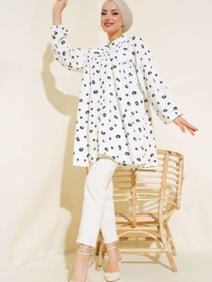 Papatya Desenli Kat Tunik Beyaz