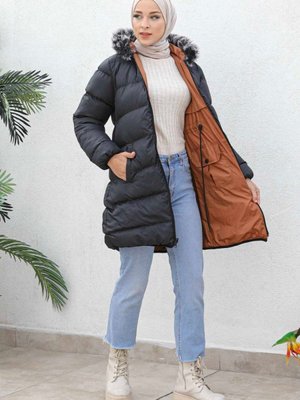 Taba Çift Taraflı Kapüşonlu Cepli Şişme Mont Taba Çift Taraflı Kapüşonlu Cepli Şişme Mont