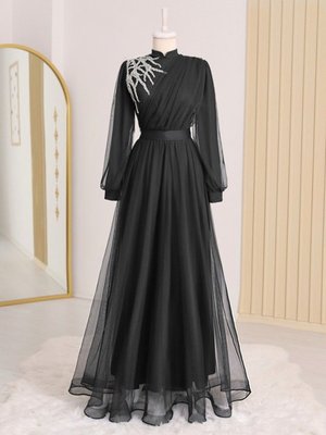 Önü Taş Detaylı Drapeli Kemerli Tül Abiye Elbise