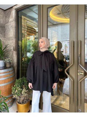 Yaka Bağlamalı Poplin Balon Kol Gömlek Tunik