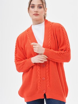 Örgü Detaylı Düğmeli Nar Çiçeği Hırka