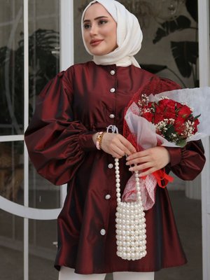 Bordo Bel Büzgü Detaylı Tafta Ceket