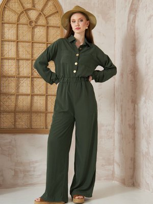 Haki Cepli Beli Lastikli Uzun Kol Bol Kesim Kupra Tulum