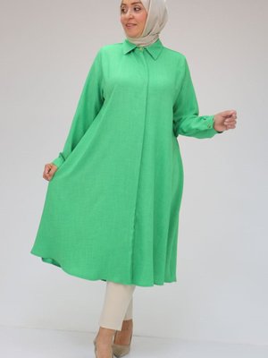 Yeşil Büyük Beden Keten Airobin Mevlana Gömlek Tunik