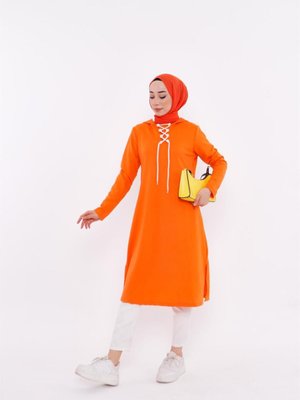 Eflin Yakadan Bağlamalı Kapüşonlu Uzun Sweatshirt Oranj