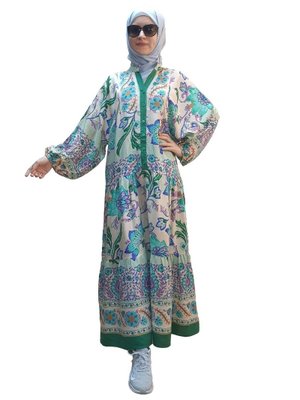 Desenli Pamuk Elbise Desen Büyük Beden Doğal Kumaştan