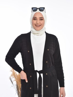 Kadin Hirka Tesettur Uzun V Yaka Orgu Desen Triko Siyah Kadin Hirka Tesettur Uzun V Yaka Orgu Desen Triko Siyah