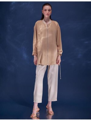 Fermuarlı Kolej Yaka Bej Ceket