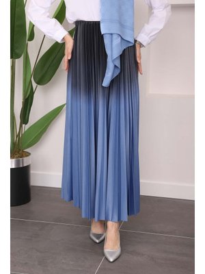 İndigo Pileli Renk Detaylı Uzun Kloş Etek