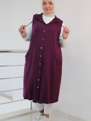 Büyük Beden Çıtçıtlı Kapüşonlu Penye Yelek Mürdüm