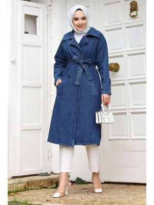Mavi Kolu Apolet Detaylı Beli Kuşaklı Kot Kap