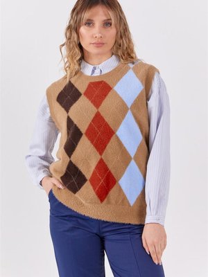 Baklava Desenli Triko Camel Süveter