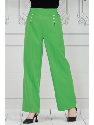 Yeşil Pile Detaylı Üç Düğmeli Pantolon