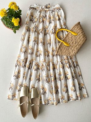 Sarı Gül Desen Kat Kat Etek