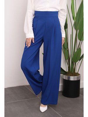 Saks Mavi Yüksek Bel Bol Paça Kumaş Pantolon Saks Mavi Yüksek Bel Bol Paça Kumaş Pantolon