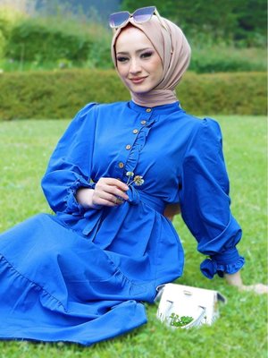 Kol Ucu Ve Önü Fırfırlı Terikoton Elbise Saks Kol Ucu Ve Önü Fırfırlı Terikoton Elbise Saks