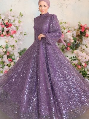 Lila Sual Pul İşlemeli Tül Abiye Elbise Lila Sual Pul İşlemeli Tül Abiye Elbise