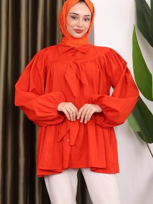 Oranj Katlı Kol Lastikli Fiyonklu Gömlek