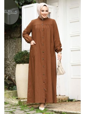Kahverengi Robalı Boydan Düğmeli Cepli Ferace