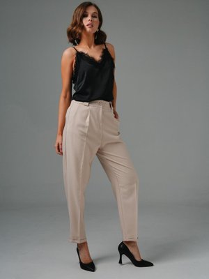 Bej Bilek Boy Pileli Double Paça Pantolon