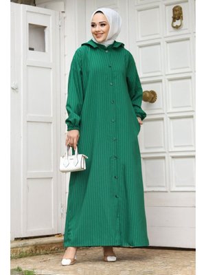 Yeşil Büyük Beden Çıkarılabilir Kapüşonlu Boydan Düğmeli Ferace