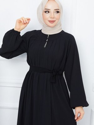 Giyim Medine Ipeği Robalı Pileli Islami Bol Kesim Ferace Giy Çık Kap