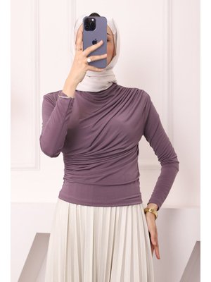 Koyu Lila Balıkçı Yaka Drapeli Sandy Bluz