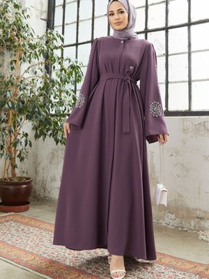 Liva Kolları Taşlı Abaya Leylak Liva Kolları Taşlı Abaya Leylak