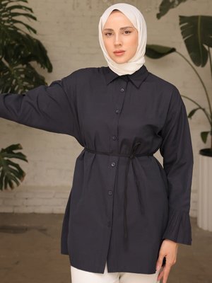 Siyah Kol Pileli Oversize Terikoton Gömlek