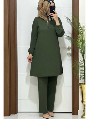 K70 Haki Fermuarlı Tunik Pantolon Aerobin Kumaş İkili Takım Buyuk Beden Yeni Sezon