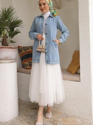 Mavi Taşlı Cepli Kot Ceket