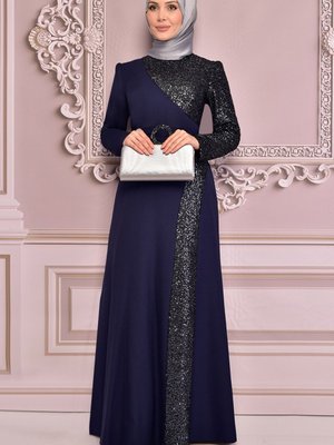 Pul Detaylı Abiye Elbise Lacivert