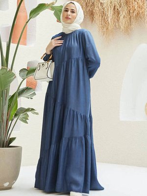 Bisiklet Yakalı Büzgülü Elbise Koyu Mavi