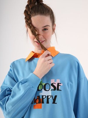 Mavi Oversize Bisiklet Yaka Baskılı Sweatshirt