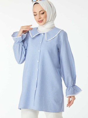 Mavı Bebe Yaka Çizgili Dantelli Tunik