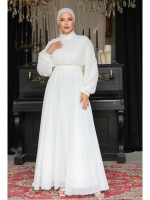 Beyaz Asel Şifon Abiye Elbise
