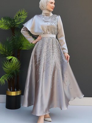 Ayça Abiye Elbise Açık Vizon