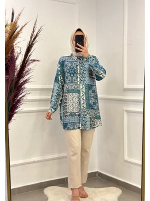 Yazlık Etnik Desen Viskon Gömlek Petrol Mavisi Yazlık Etnik Desen Viskon Gömlek Petrol Mavisi