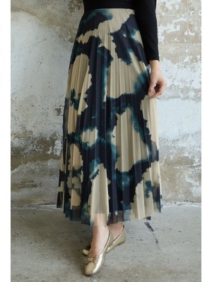 Petrol Batik Desen Astarlı Tül Etek