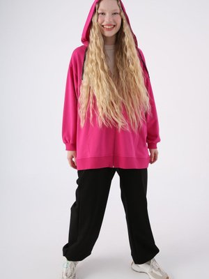Fuşya Pamuklu Oversize Kapüşonlu Sweat Hırka Fuşya Pamuklu Oversize Kapüşonlu Sweat Hırka