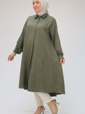 Haki Büyük Beden Keten Airobin Mevlana Gömlek Tunik