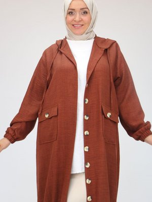 Kiremit Büyük Beden Düğmeli Cepli Keten Airobin Kap