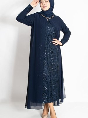 Pul Payet Detaylı Abiye Elbise Lacivert