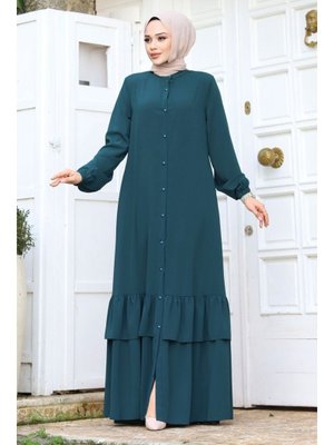 Petrol Boydan Düğmeli Eteği Fırfırlı Ferace Petrol Boydan Düğmeli Eteği Fırfırlı Ferace