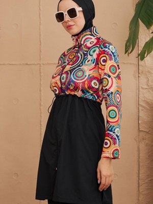 Siyah Paraşüt Üstü Desenli Halka Tasarım Tam Kapalı Mayo