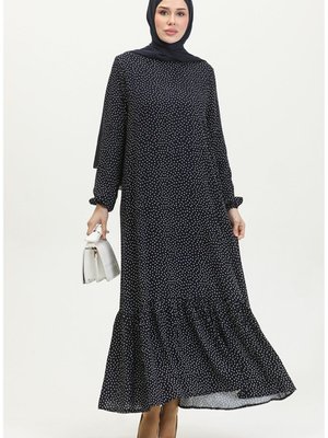 Etek Ucu Büzgülü Puantiyeli Viskon Elbise Etek Ucu Büzgülü Puantiyeli Viskon Elbise
