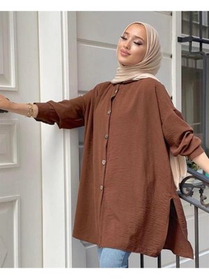 Düğmeli Kahve Uzun Gömlek Tunik